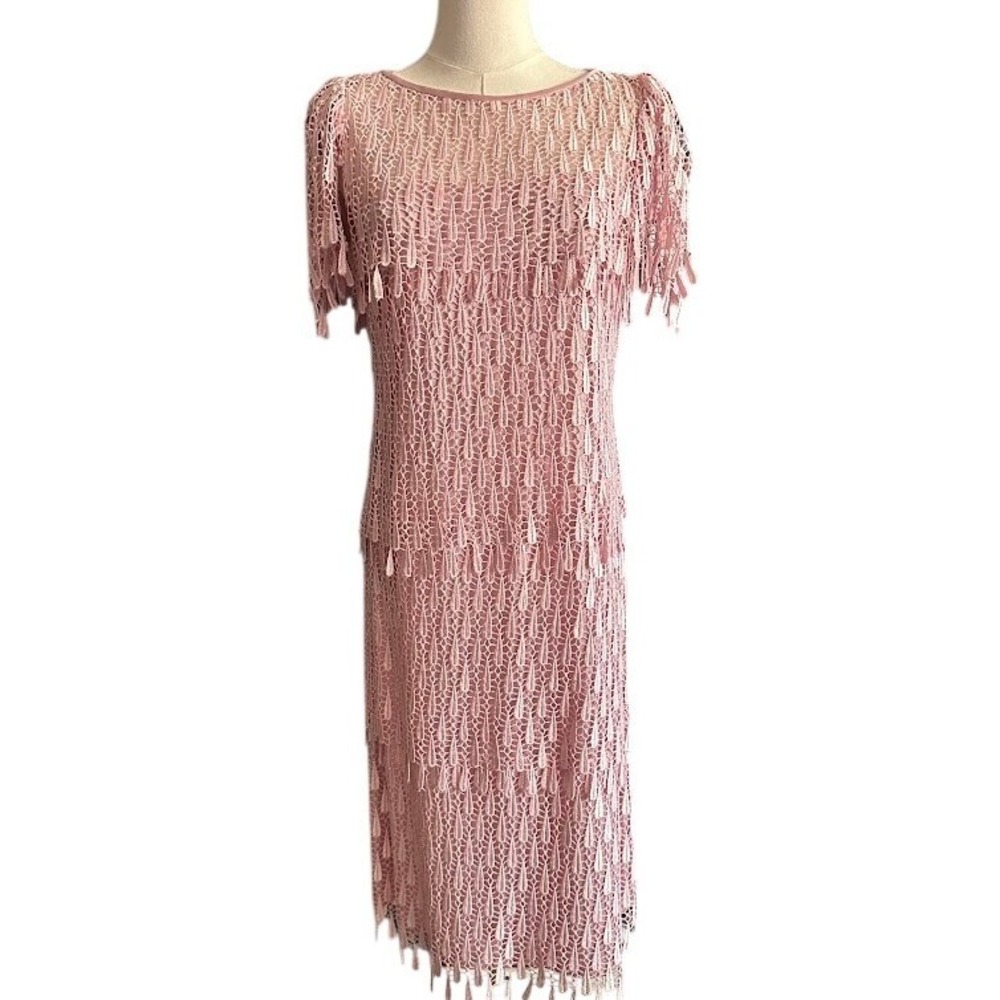Vintage SAMAX NY Pink Lace Tassel Tiered Midi Dress ILGWU Size 8